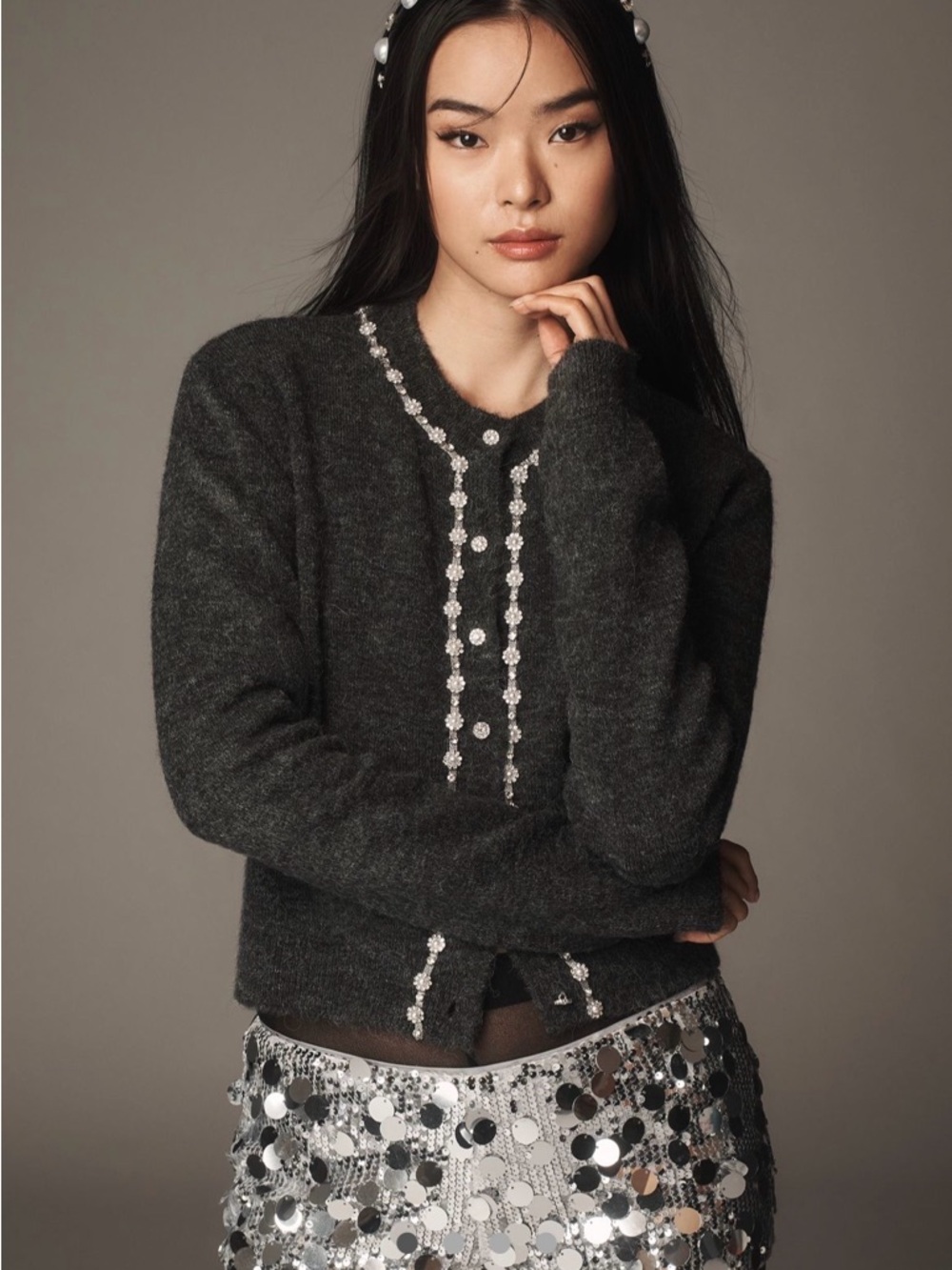 NWT Maeve Anthropologie Charcoal Crewneck Crystal-Embellished Cardigan